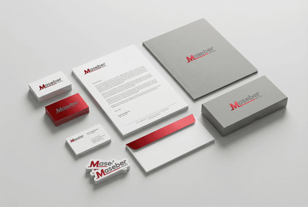 Branding e identidad corporativa Maseber Innova — mockup papelería tarjetas sobre carpeta diseñador gráfico Granada