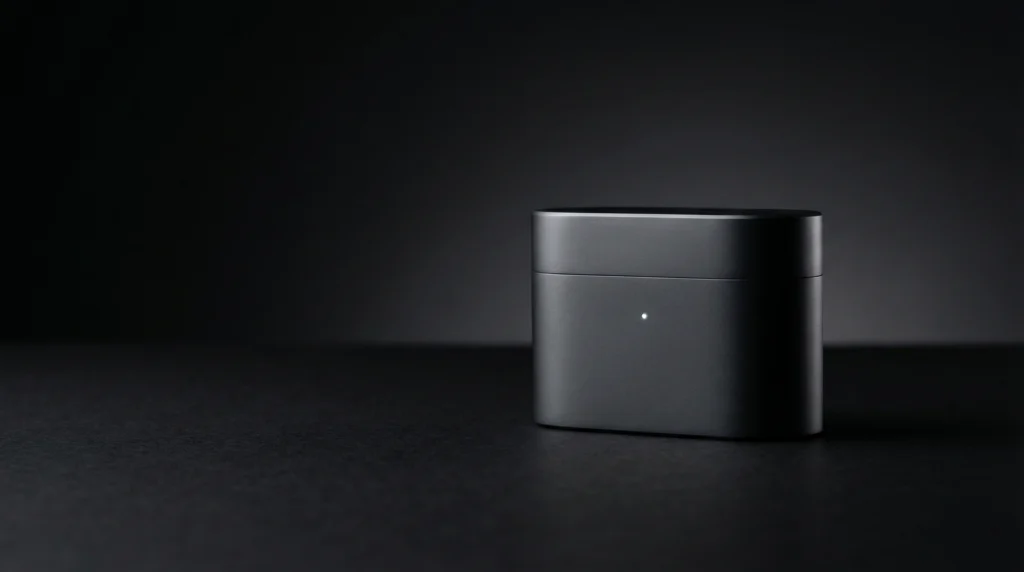 Fotografía de producto estuche auriculares inalámbricos negro — ecommerce tecnología